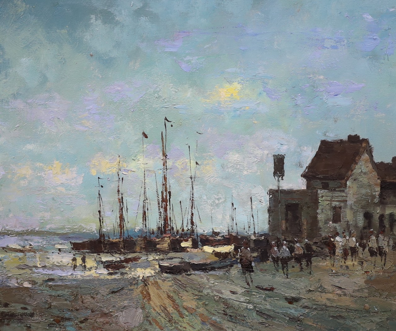 After Edward Seago, oil on canvas, Yachts at low tide, 50 x 60cm
